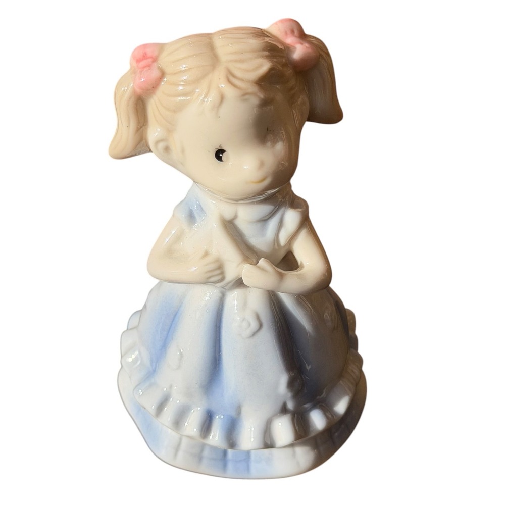 Vintage Ceramic Girl Bell Figurine Blue Ruffled Dress Pink Bows Pigtails 4 Inch - Picture 6 of 9